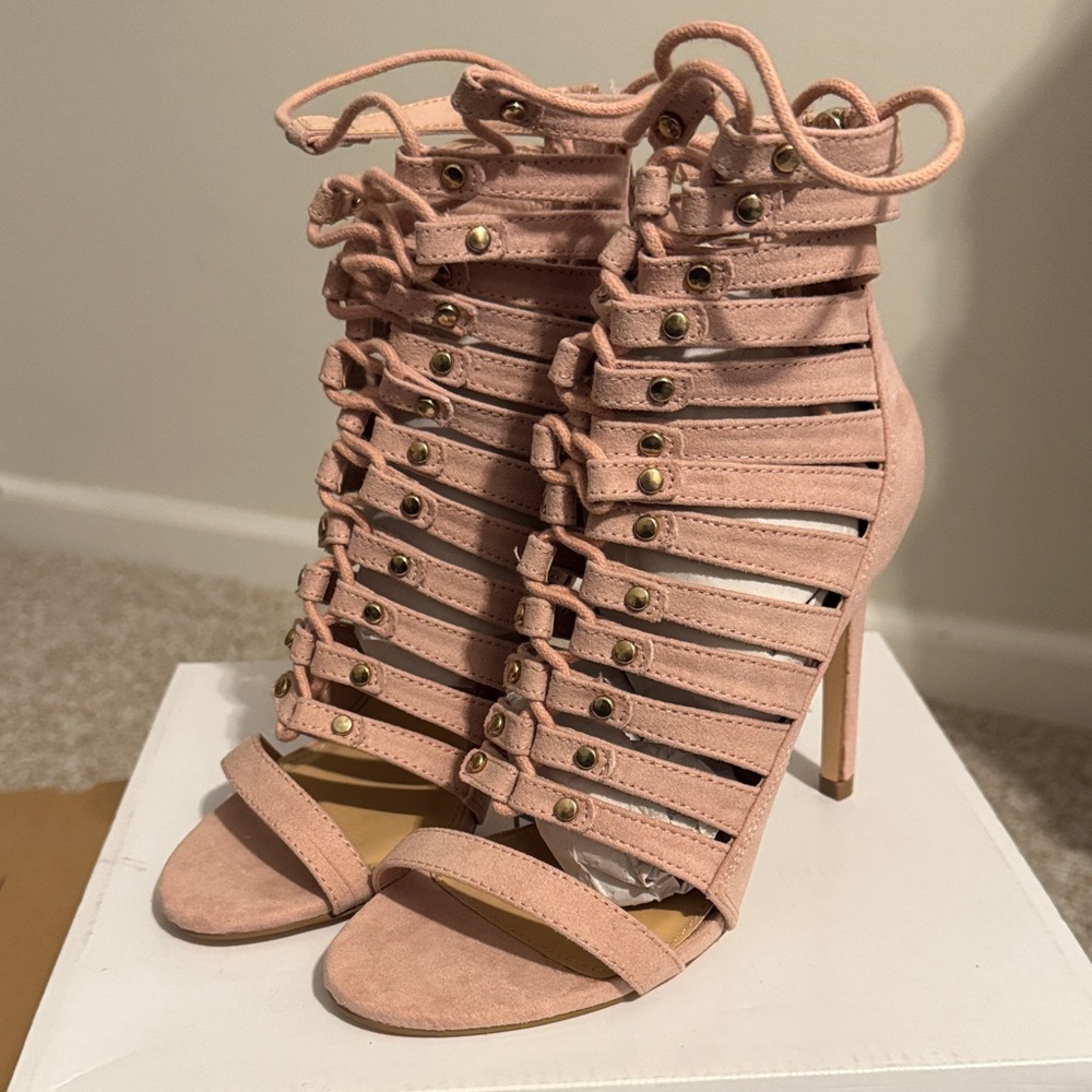 JustFab Blush Lace-Up Heels